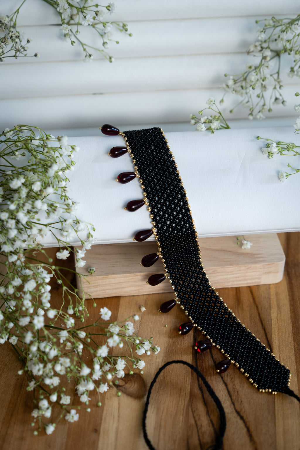 Black Choker Necklace with Dark Red Drops
