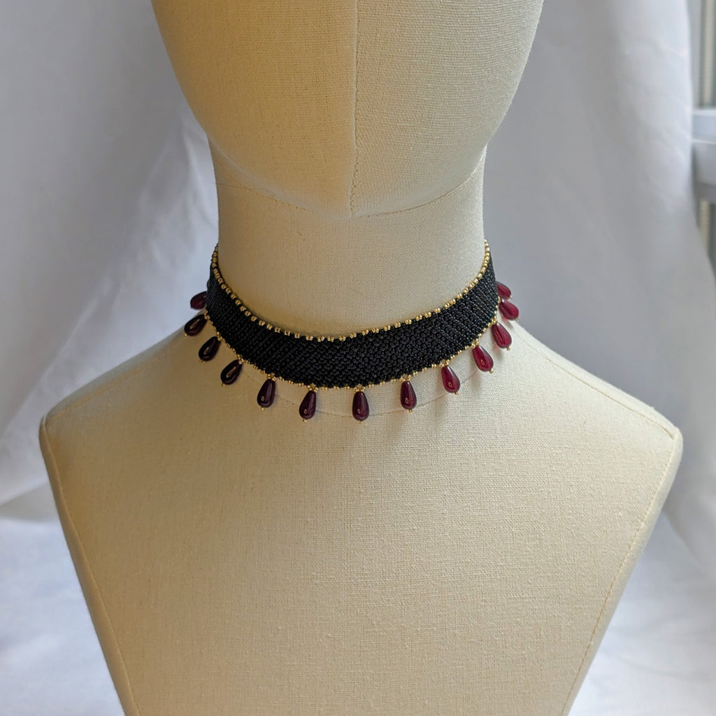 Black Choker Necklace with Dark Red Drops