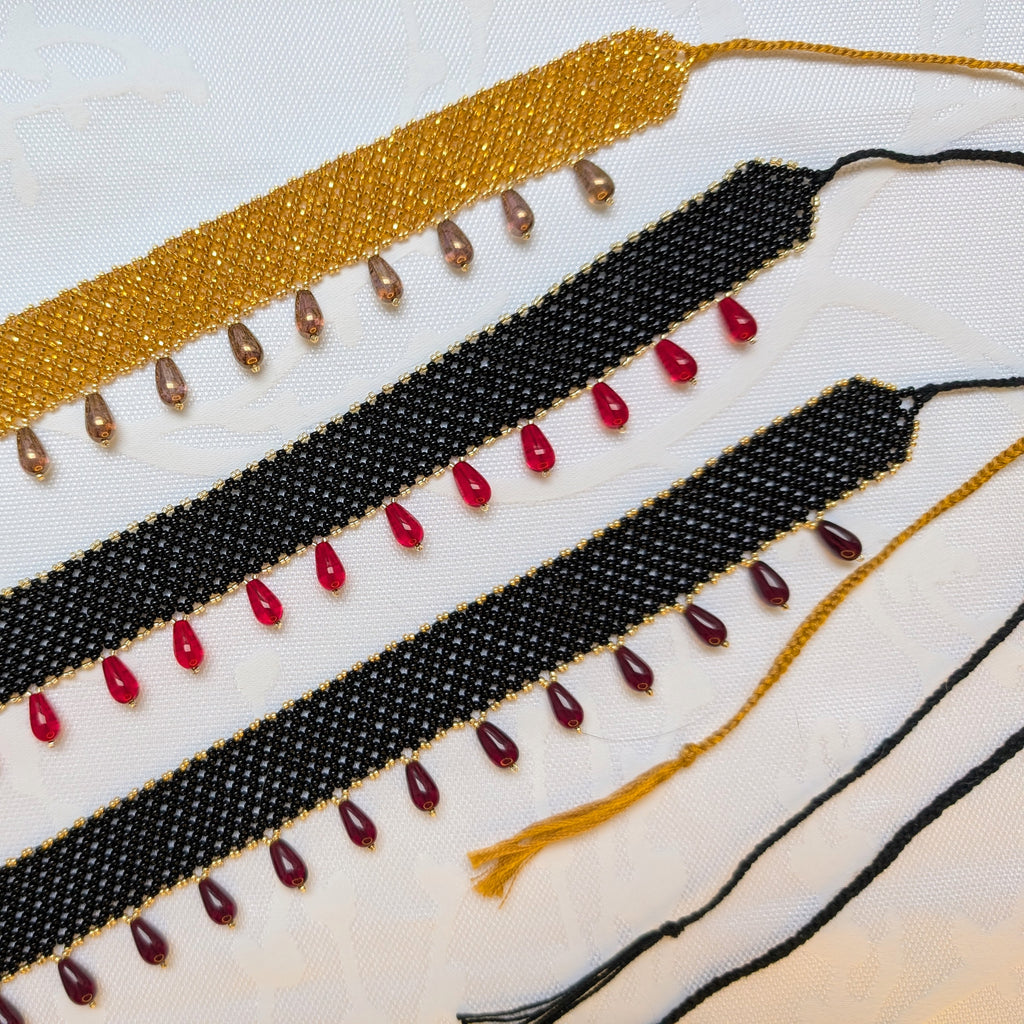 Black Choker Necklace with Dark Red Drops