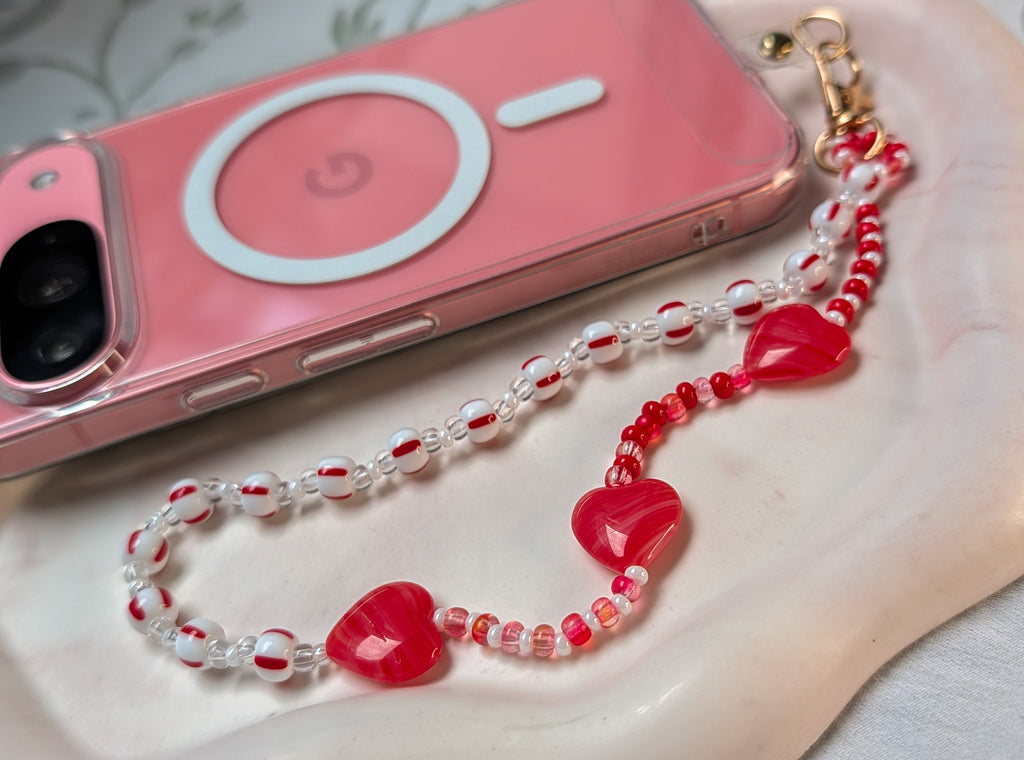 Beaded Lanyard Wrist Chain with Strawberry Red Hearts