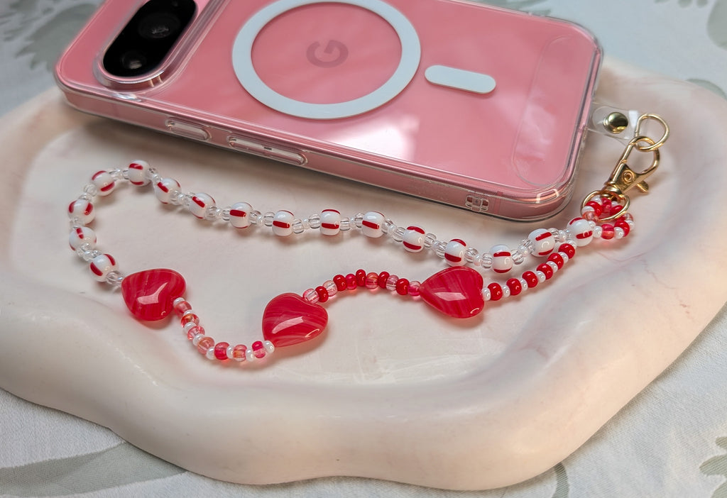 Beaded Lanyard Wrist Chain with Strawberry Red Hearts