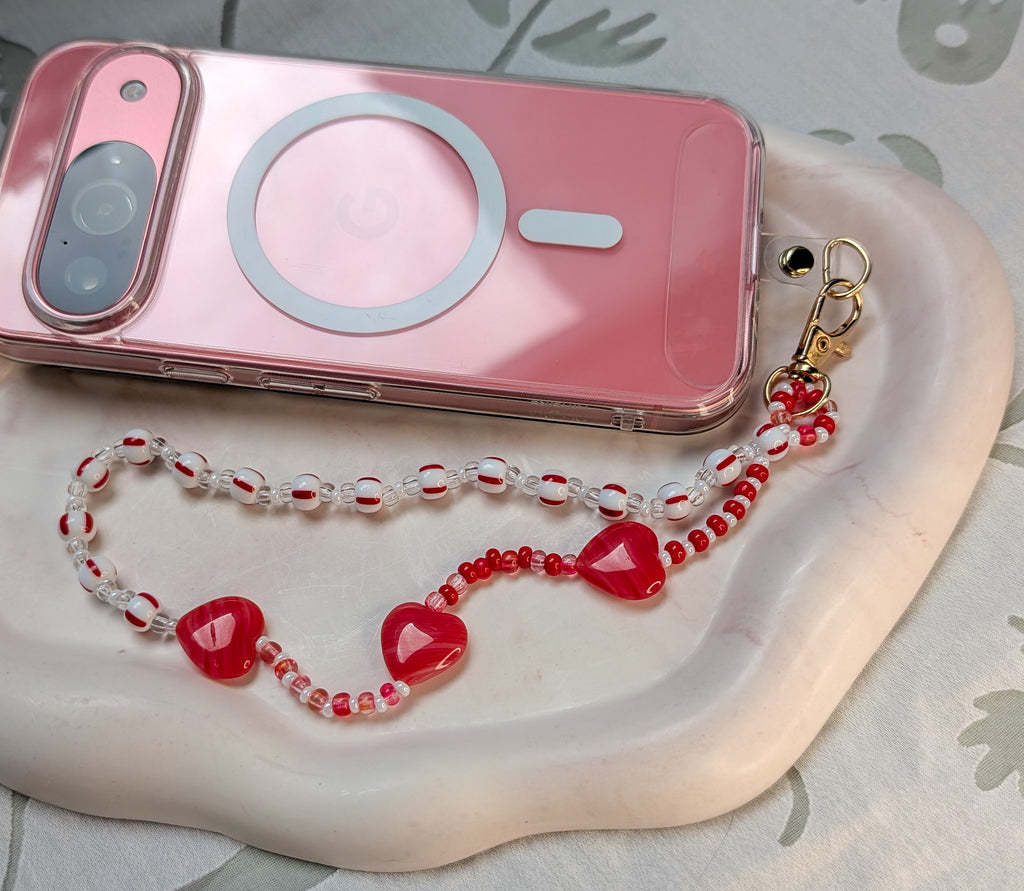 Beaded Lanyard Wrist Chain with Strawberry Red Hearts