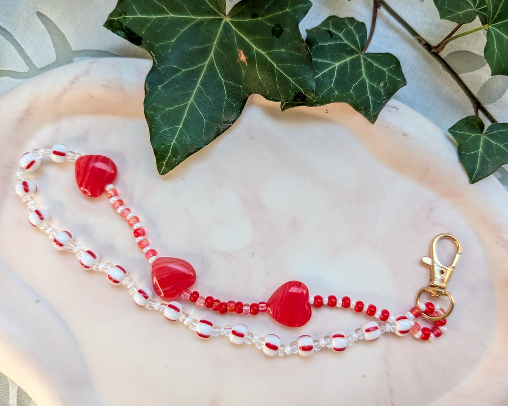 Beaded Lanyard Wrist Chain with Strawberry Red Hearts